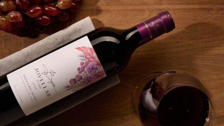 omprar vino premium Ribera del Duero 2022 Bodegas Jovellar botella y copa servida